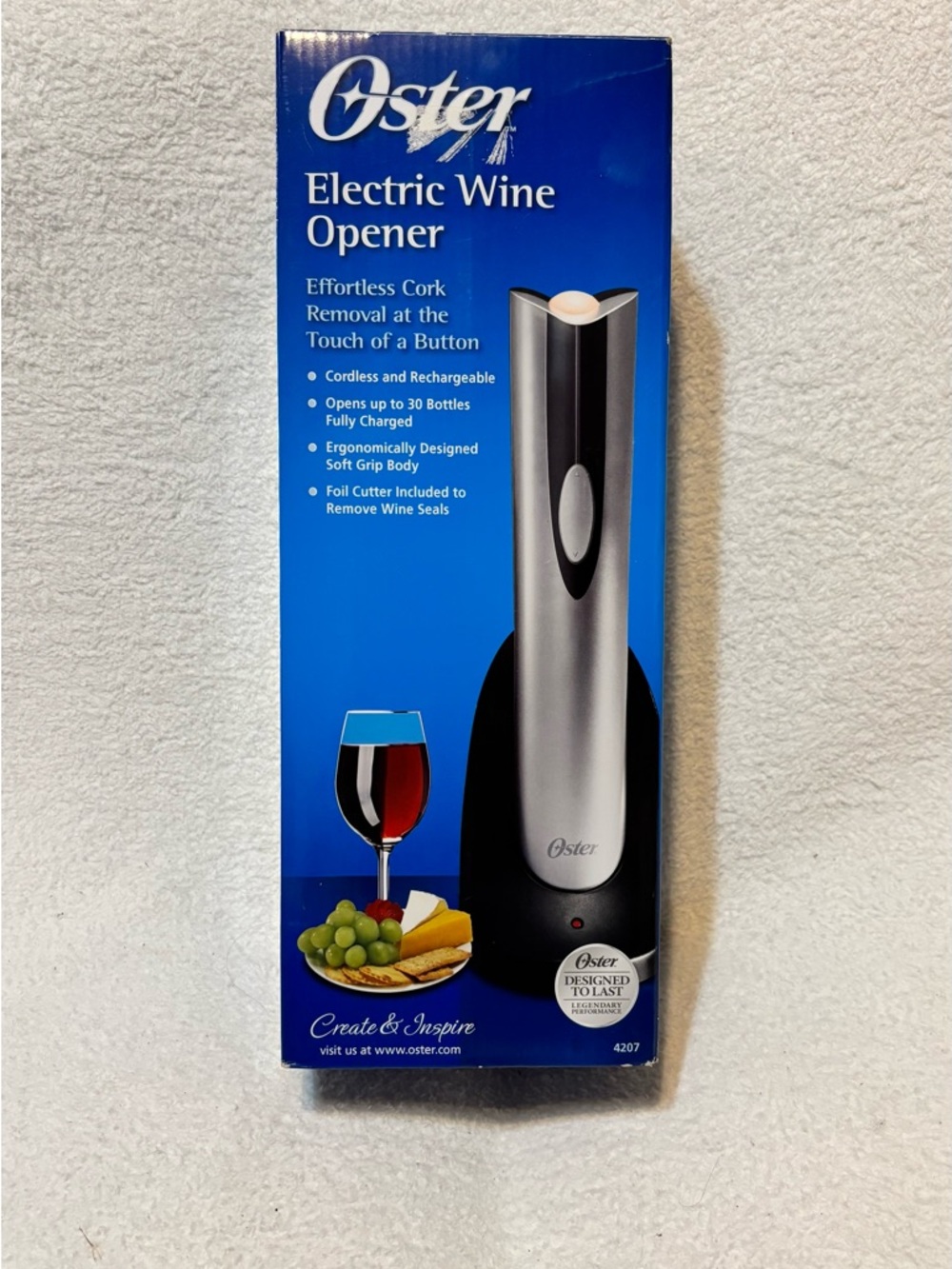 Oster Cordless Electric Wine Opener in Silver and Black